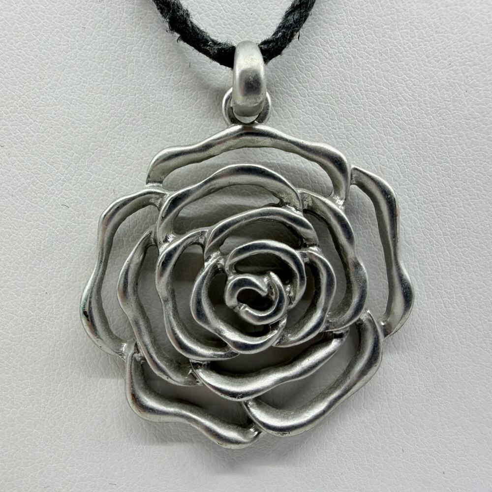 Silver Tone Metal Rose Pendant Necklace Statement Floral Bohemian Gothic Gift